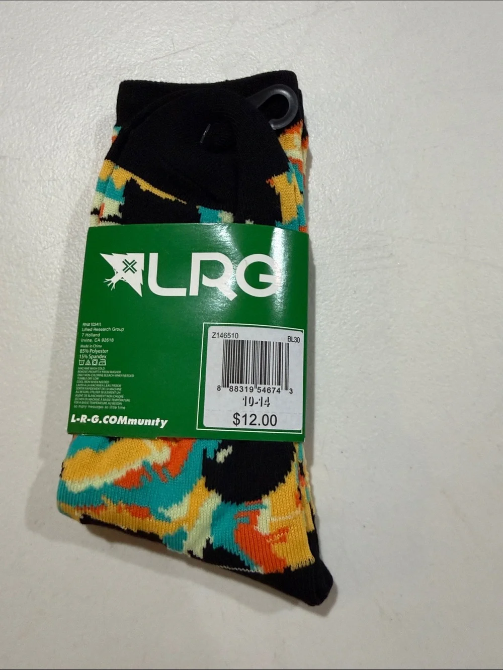 Brand New LRG Men’s Multicolor Patterned Crew Socks - Black Accent Size 10-14
